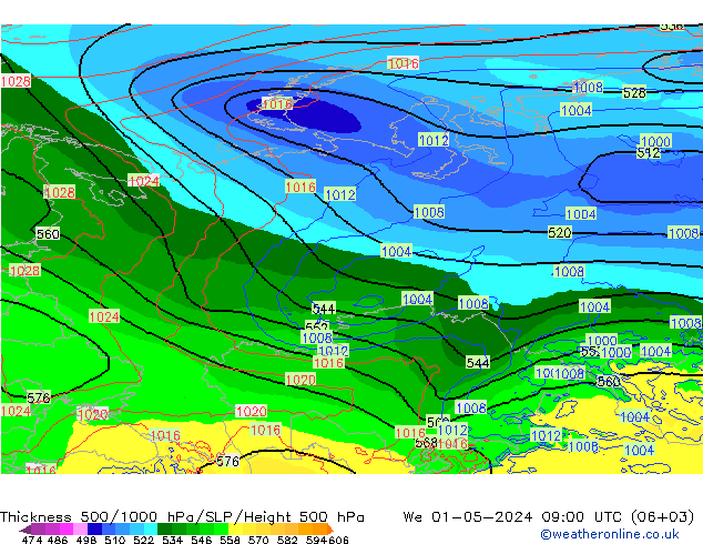 Schichtdicke 500-1000 hPa ECMWF Mi 01.05.2024 09 UTC