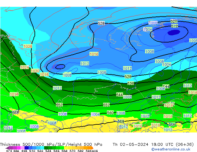 Thck 500-1000hPa ECMWF Qui 02.05.2024 18 UTC