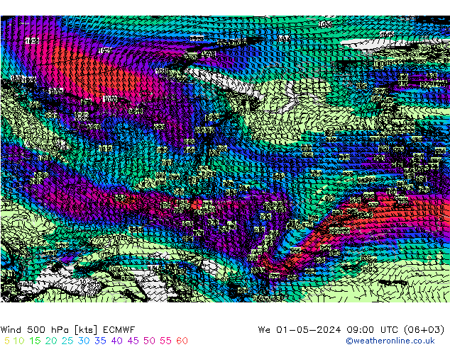 Wind 500 hPa ECMWF St 01.05.2024 09 UTC