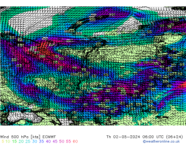 Vento 500 hPa ECMWF gio 02.05.2024 06 UTC