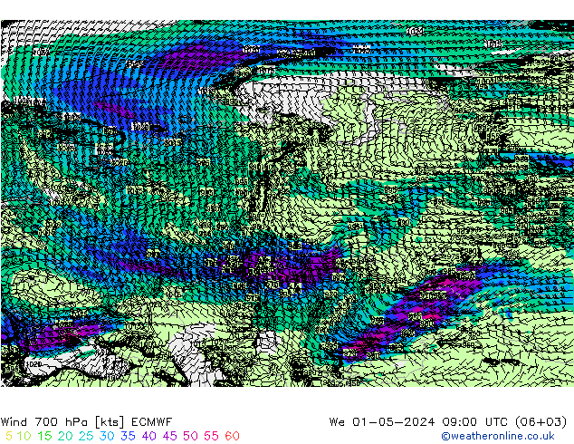 Wind 700 hPa ECMWF St 01.05.2024 09 UTC