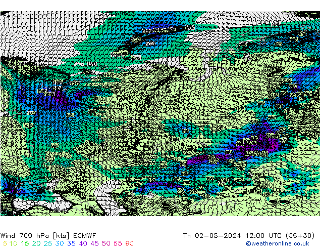 Viento 700 hPa ECMWF jue 02.05.2024 12 UTC