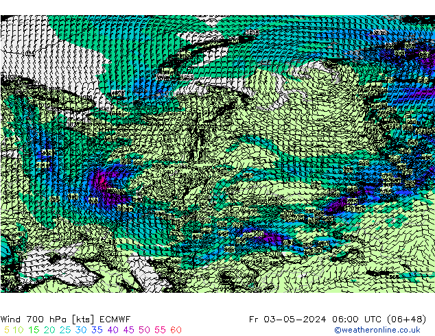 Wind 700 hPa ECMWF Fr 03.05.2024 06 UTC