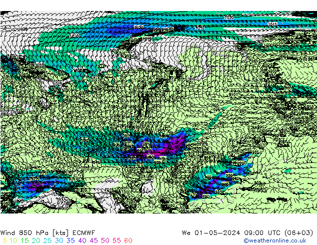 Wind 850 hPa ECMWF St 01.05.2024 09 UTC