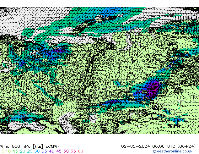 Viento 850 hPa ECMWF jue 02.05.2024 06 UTC