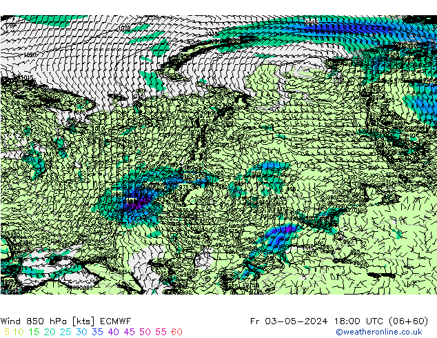 Rüzgar 850 hPa ECMWF Cu 03.05.2024 18 UTC