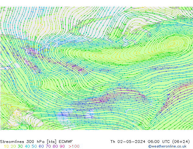 Streamlines 300 hPa ECMWF Th 02.05.2024 06 UTC