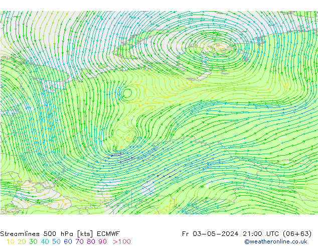 Linia prądu 500 hPa ECMWF pt. 03.05.2024 21 UTC