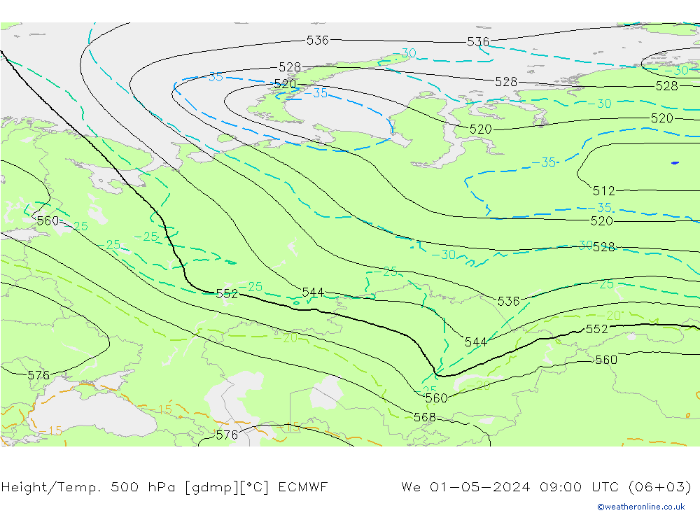 Height/Temp. 500 hPa ECMWF St 01.05.2024 09 UTC