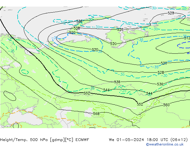 Z500/Yağmur (+YB)/Z850 ECMWF Çar 01.05.2024 18 UTC