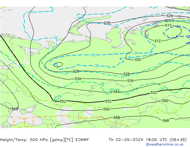 Z500/Rain (+SLP)/Z850 ECMWF Th 02.05.2024 18 UTC