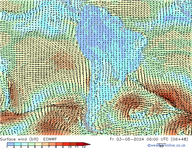 Viento 10 m (bft) ECMWF vie 03.05.2024 06 UTC