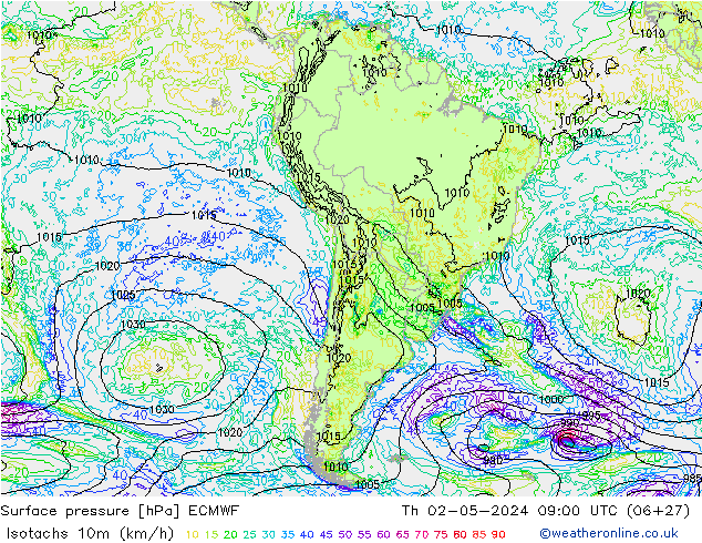 Isotachs (kph) ECMWF Qui 02.05.2024 09 UTC