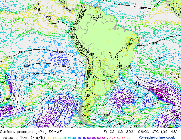 Isotaca (kph) ECMWF vie 03.05.2024 06 UTC