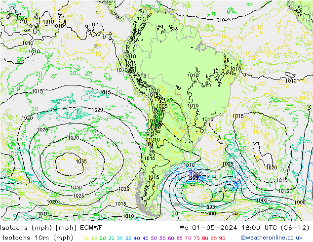 Isotachs (mph) ECMWF mer 01.05.2024 18 UTC