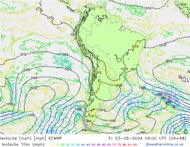 Isotaca (mph) ECMWF vie 03.05.2024 06 UTC