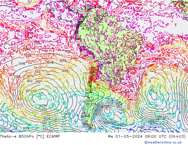 Theta-e 850hPa ECMWF We 01.05.2024 09 UTC