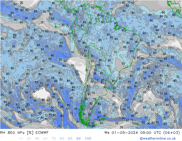 RH 850 hPa ECMWF mer 01.05.2024 09 UTC