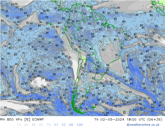 RH 850 hPa ECMWF czw. 02.05.2024 18 UTC