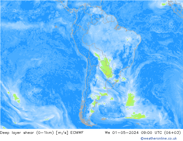 Deep layer shear (0-1km) ECMWF mer 01.05.2024 09 UTC