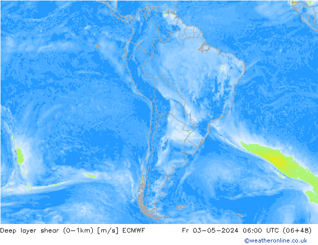 Deep layer shear (0-1km) ECMWF vie 03.05.2024 06 UTC