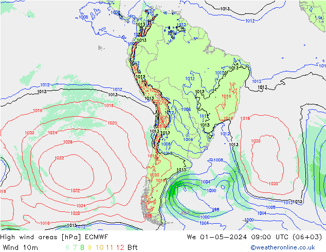 High wind areas ECMWF mer 01.05.2024 09 UTC