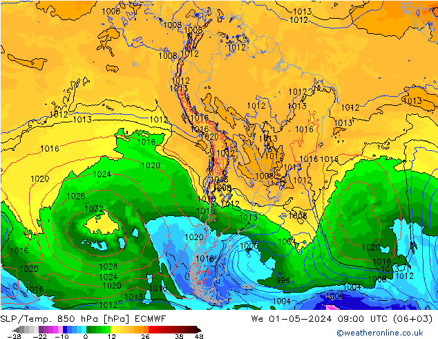 SLP/Temp. 850 hPa ECMWF mer 01.05.2024 09 UTC