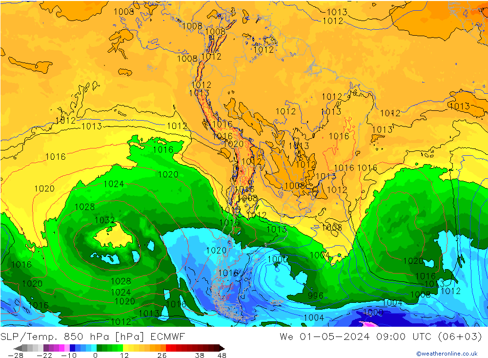 SLP/Temp. 850 hPa ECMWF mer 01.05.2024 09 UTC