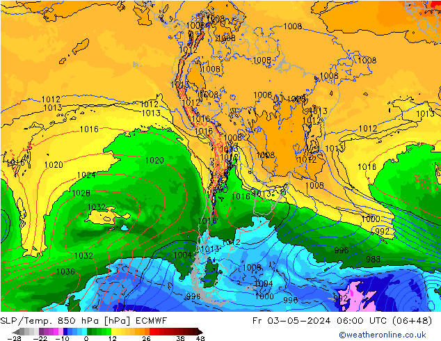 SLP/Temp. 850 hPa ECMWF vie 03.05.2024 06 UTC