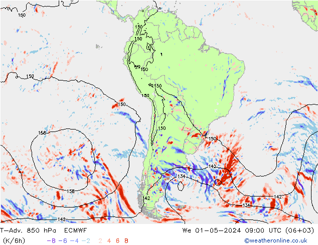 T-Adv. 850 гПа ECMWF ср 01.05.2024 09 UTC