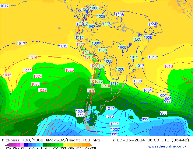 Espesor 700-1000 hPa ECMWF vie 03.05.2024 06 UTC