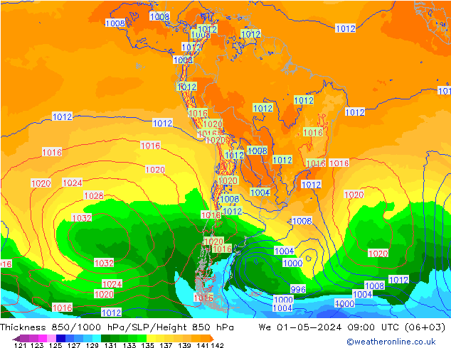 Thck 850-1000 гПа ECMWF ср 01.05.2024 09 UTC