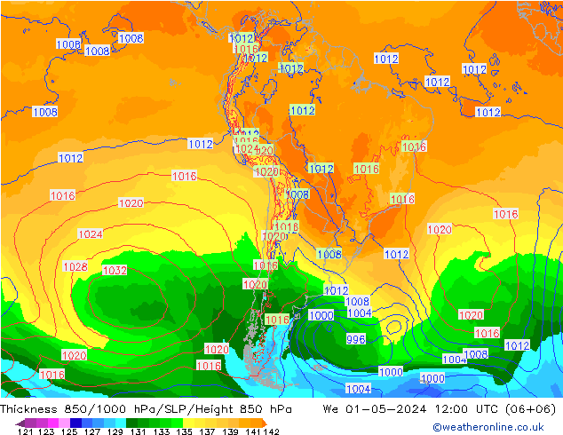 Dikte 850-1000 hPa ECMWF wo 01.05.2024 12 UTC