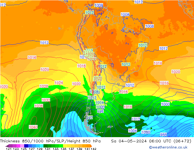 Thck 850-1000 гПа ECMWF сб 04.05.2024 06 UTC