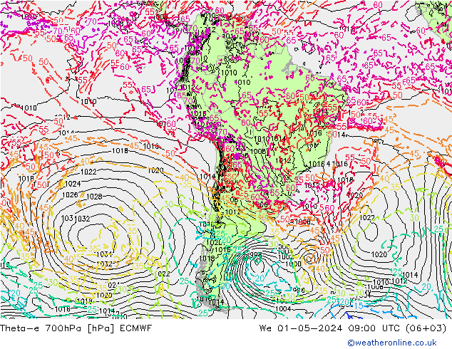 Theta-e 700гПа ECMWF ср 01.05.2024 09 UTC