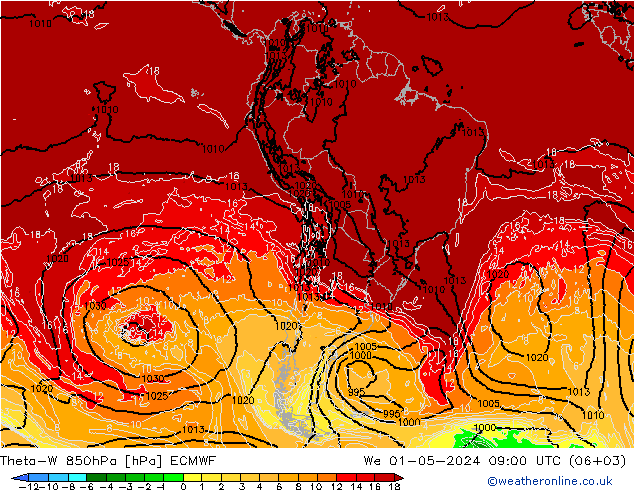 Theta-W 850гПа ECMWF ср 01.05.2024 09 UTC