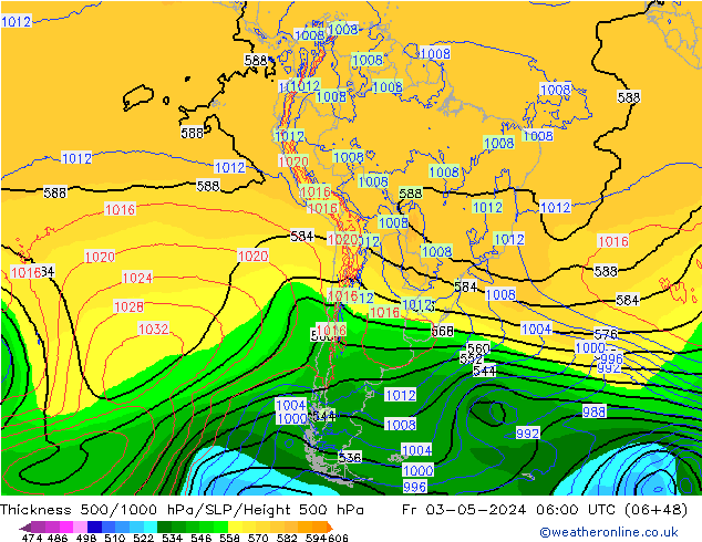 Espesor 500-1000 hPa ECMWF vie 03.05.2024 06 UTC