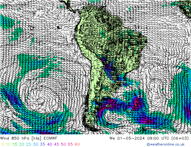 Vento 850 hPa ECMWF mer 01.05.2024 09 UTC