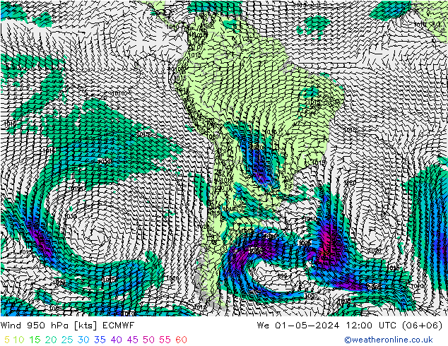 Prec 6h/Wind 10m/950 ECMWF śro. 01.05.2024 12 UTC