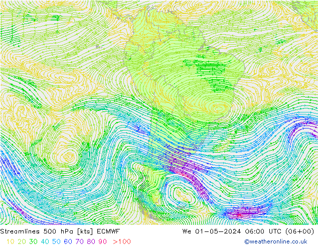 Linia prądu 500 hPa ECMWF śro. 01.05.2024 06 UTC