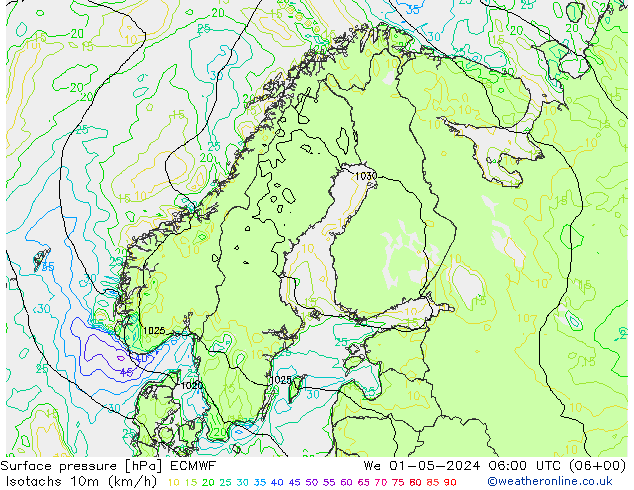 Isotachs (kph) ECMWF We 01.05.2024 06 UTC