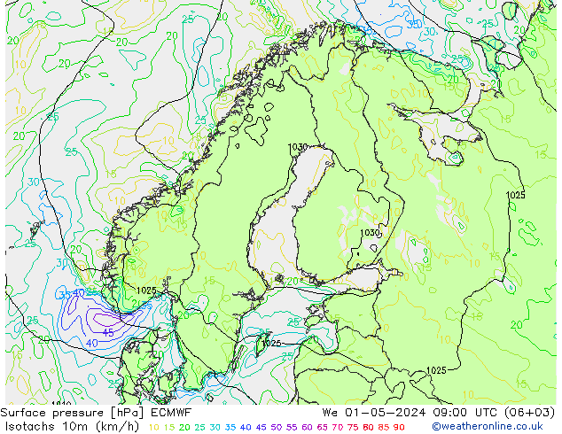 Isotachen (km/h) ECMWF Mi 01.05.2024 09 UTC