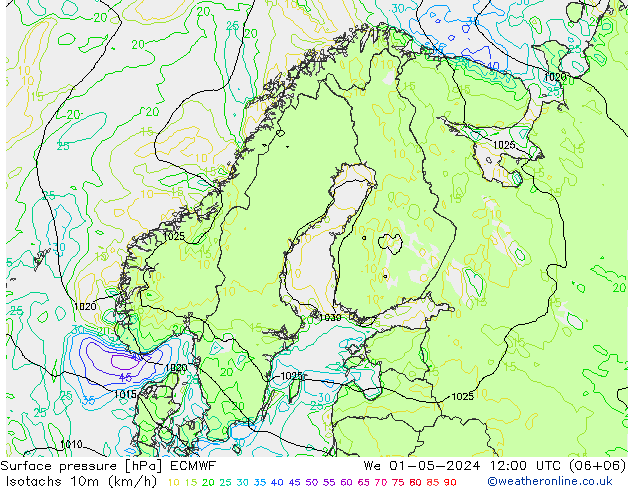 Isotachen (km/h) ECMWF Mi 01.05.2024 12 UTC