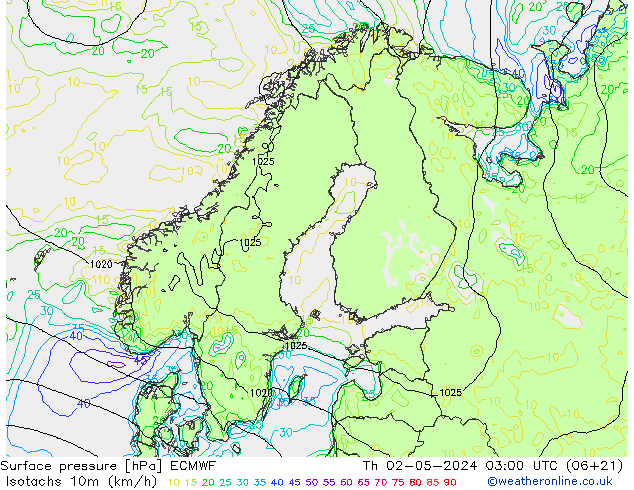 Isotachen (km/h) ECMWF Do 02.05.2024 03 UTC