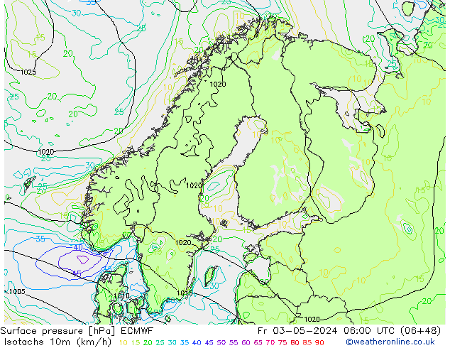 Isotachen (km/h) ECMWF Fr 03.05.2024 06 UTC