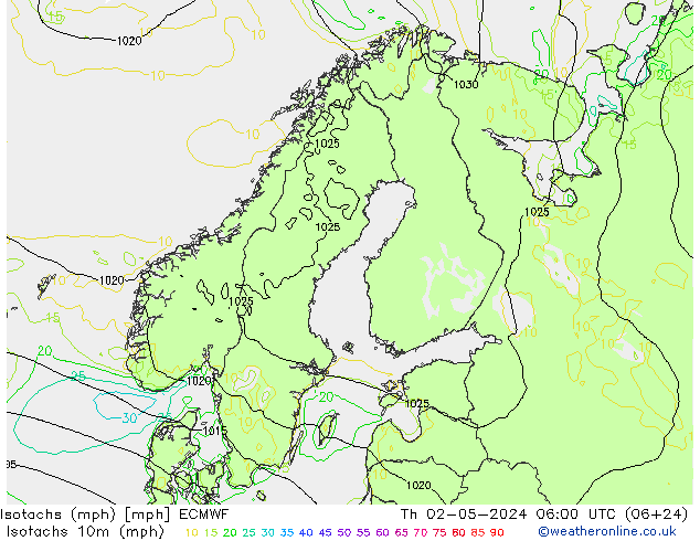 Isotachs (mph) ECMWF  02.05.2024 06 UTC