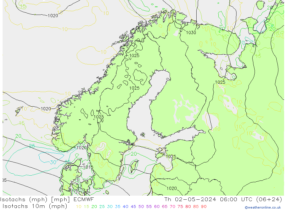 Isotachs (mph) ECMWF Qui 02.05.2024 06 UTC