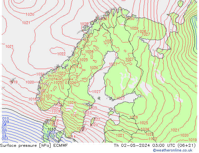 pressão do solo ECMWF Qui 02.05.2024 03 UTC