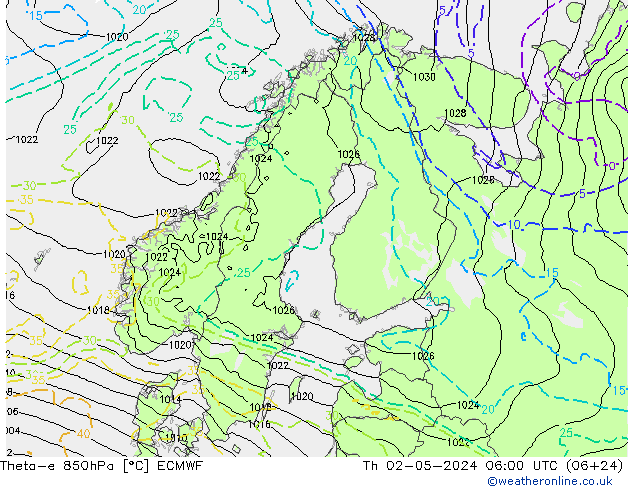 Theta-e 850hPa ECMWF Do 02.05.2024 06 UTC