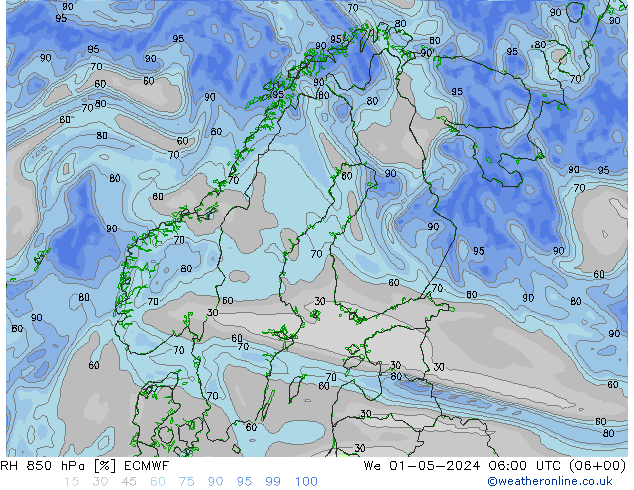 Humedad rel. 850hPa ECMWF mié 01.05.2024 06 UTC